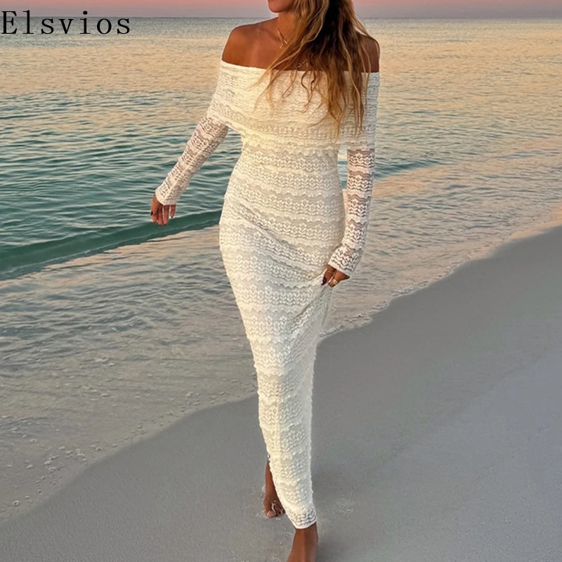 Luxury  Layered Lace Princess Sleeve Dress Women Slim High Waist Vacation Beach Long Dress Sexy One Shoulder Solid Party Dress