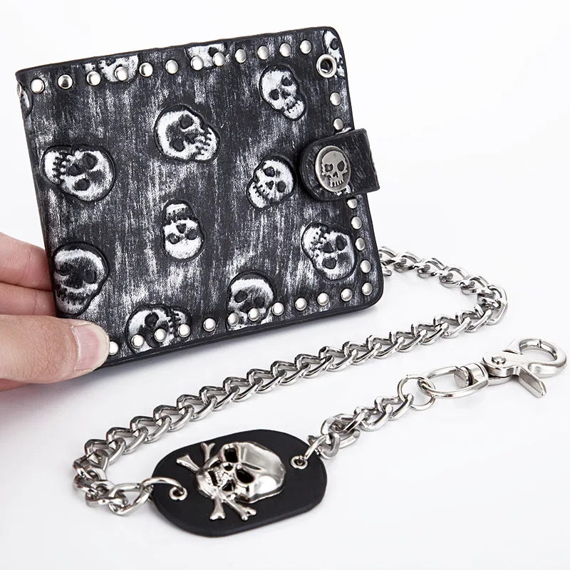 1PC European Style Women Man Wallets Metal Skull Wallet Card Purse PU Leather Skull Wallet With Chain Punk Foldable Buttons Purs