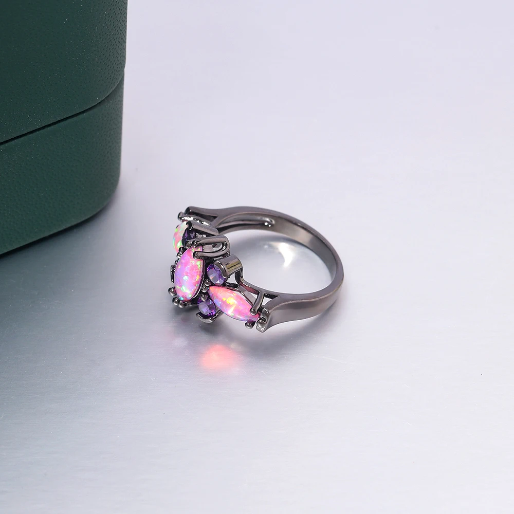 CiNily Pink Big Fire Opal Stone Black Gold Color Rings Purple Violet Zircon Crystal Butterfly Animal Ring Fashion Jewelry Women