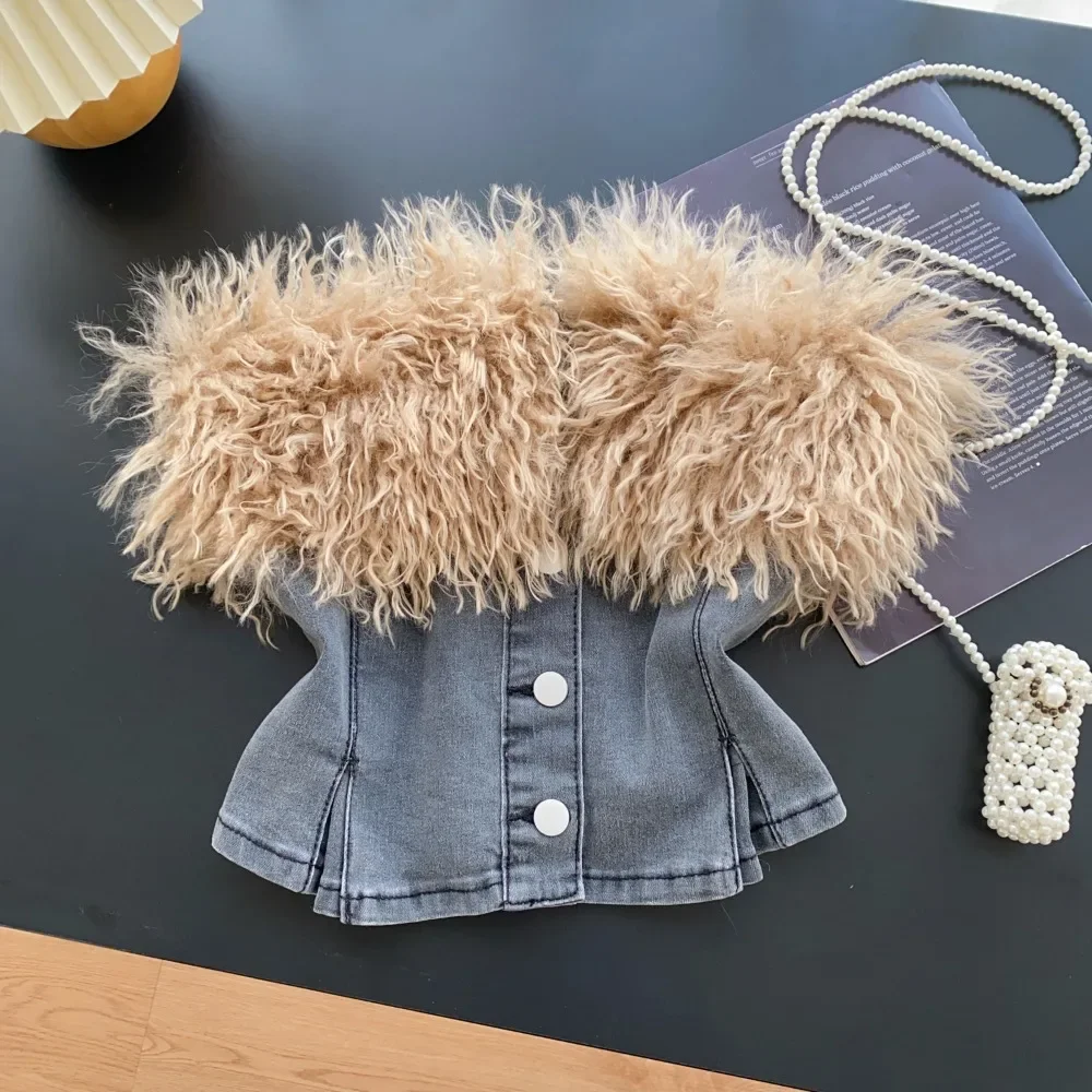 Hotsweet Denim Spliced Fur Plush Vintage Metal Single Breasted Slim Strapless Tank Top Streetwear Women High Street Clothing