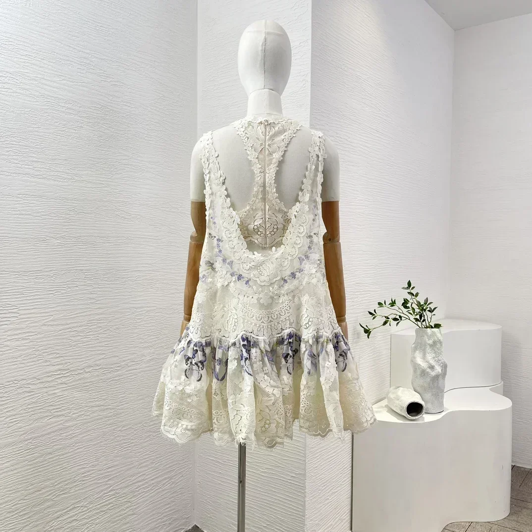 Preorder White Sleeveless Lace Patchwork Raised Floral Print Women Vest and Mini Dress Set for Holiday