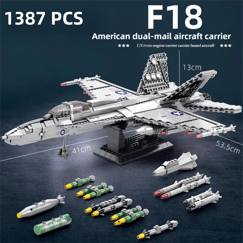 

1387 шт. военный F-18 Strike Fighter, строительные блоки MOC, модель истребителя, набор кирпичей, праздничные подарки, детские игрушки