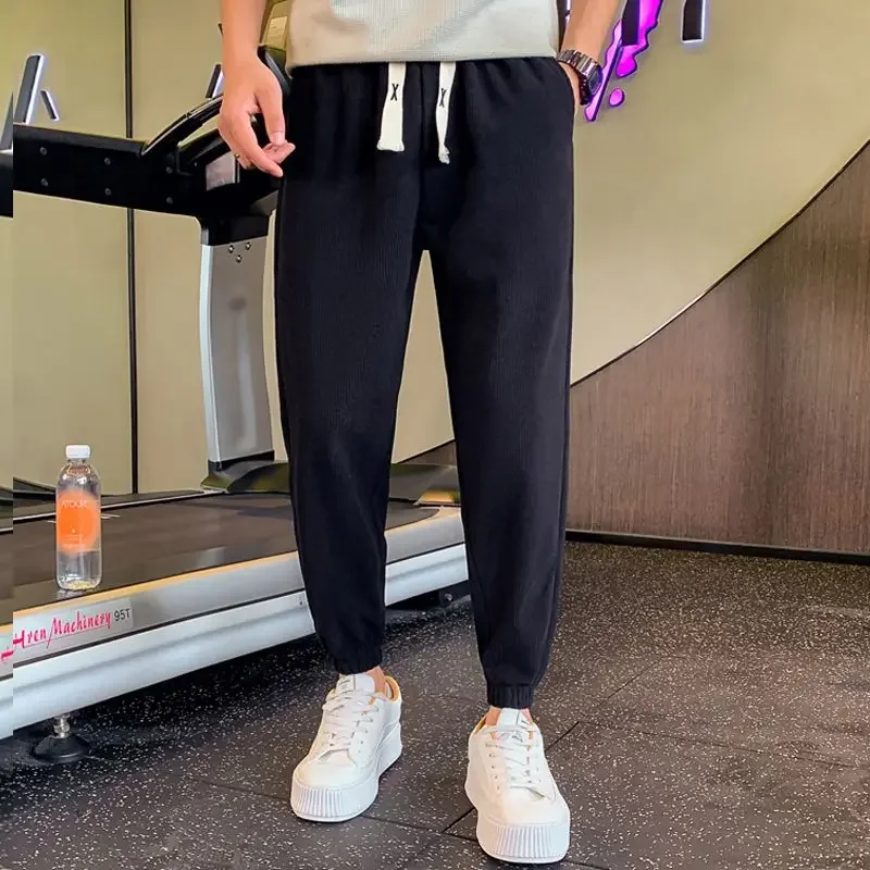 Black Men's Sweatpants Corduroy Plain With Pockets Trousers Cool Korean High Quality Trend Fashion New in Y2k Male Sports Pants