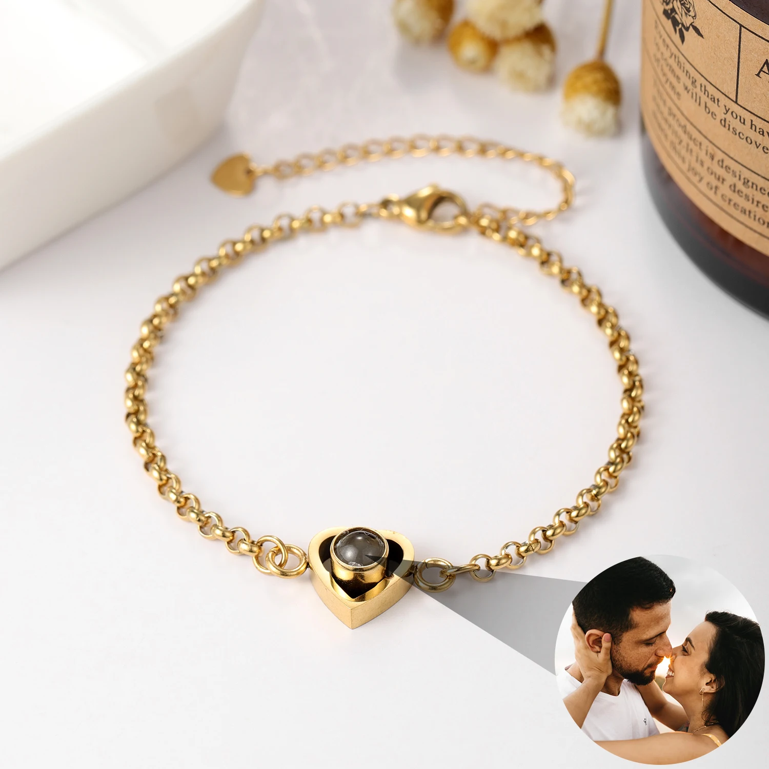 Heart Customized Photo Projection Bracelet Personalised Couple Photos Projection Minimalist Heart Chain Bracelet Gift For Women