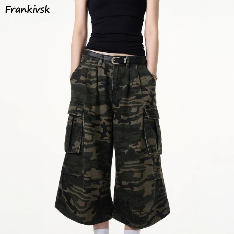 American Camouflage Women Baggy Cargo Shorts Pockets High Street Handsome Fashion Summer Popular Vintage Hip Hop Casual Shopper