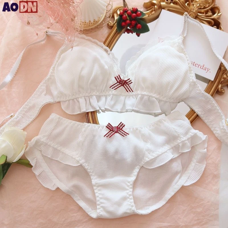 

Waffle Comfort Girls' Underwear Set Striped Cotton Bra with Panty 2-piece Set No Steel Ring Sleep Bra Women's Lingerie Suit