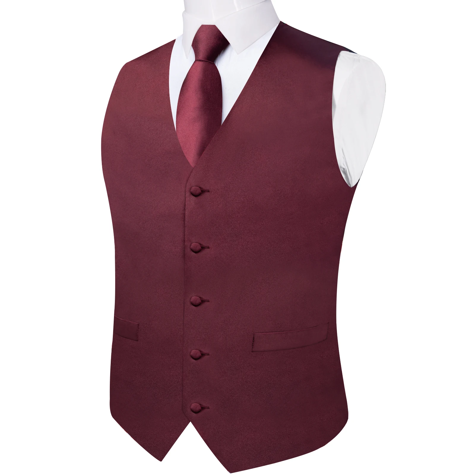 Fashion Men Solid Burgundy Vest for Wedding Party Business suit for Spring Fall Waistcoat Necktie Pocket Square Set Accessories