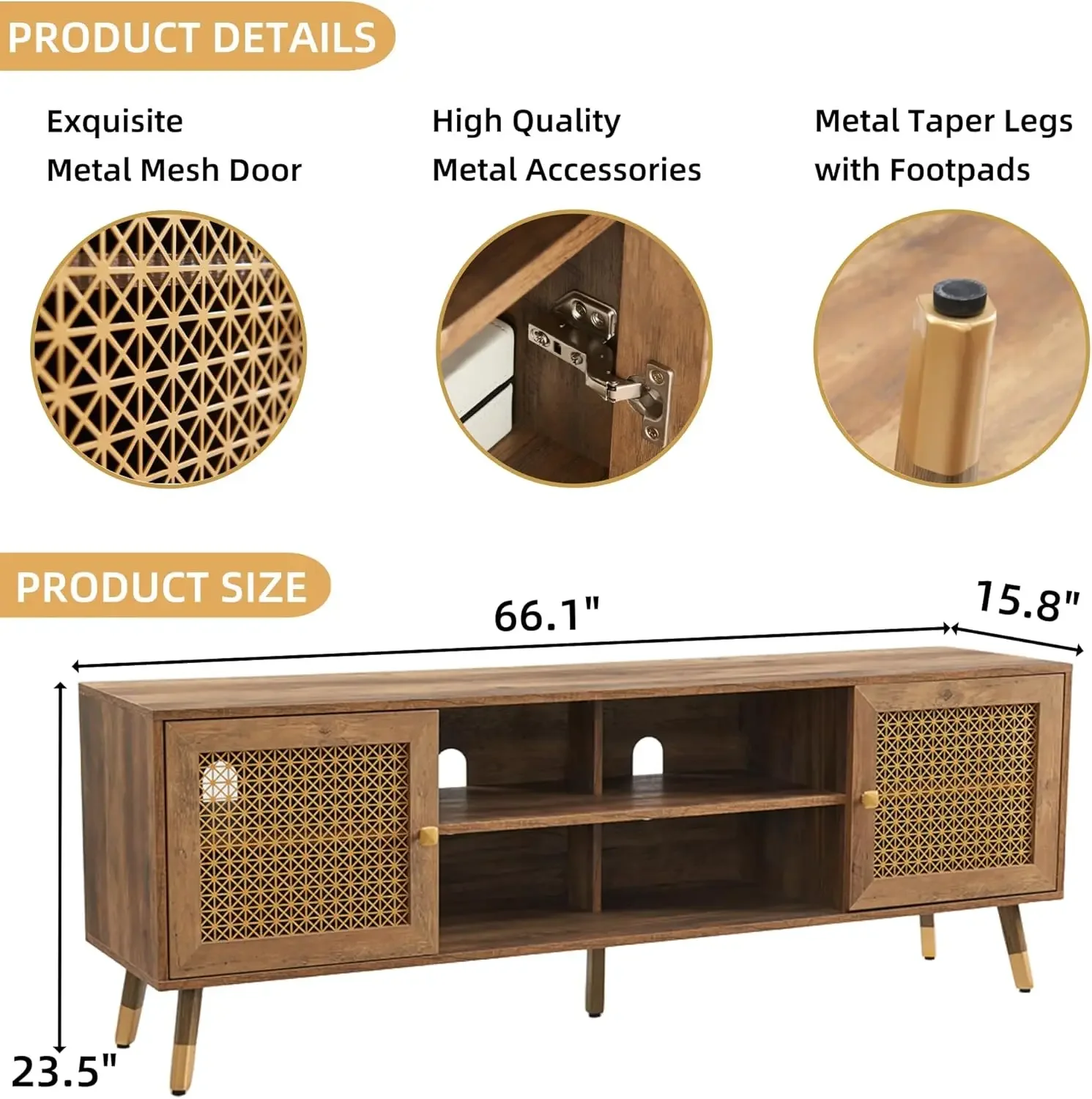 

JYED Mid Modern TV Stands for Living Room, Rustic Oak TV Stand for TVs up to 75", with Storage Cabinet and Shelves,