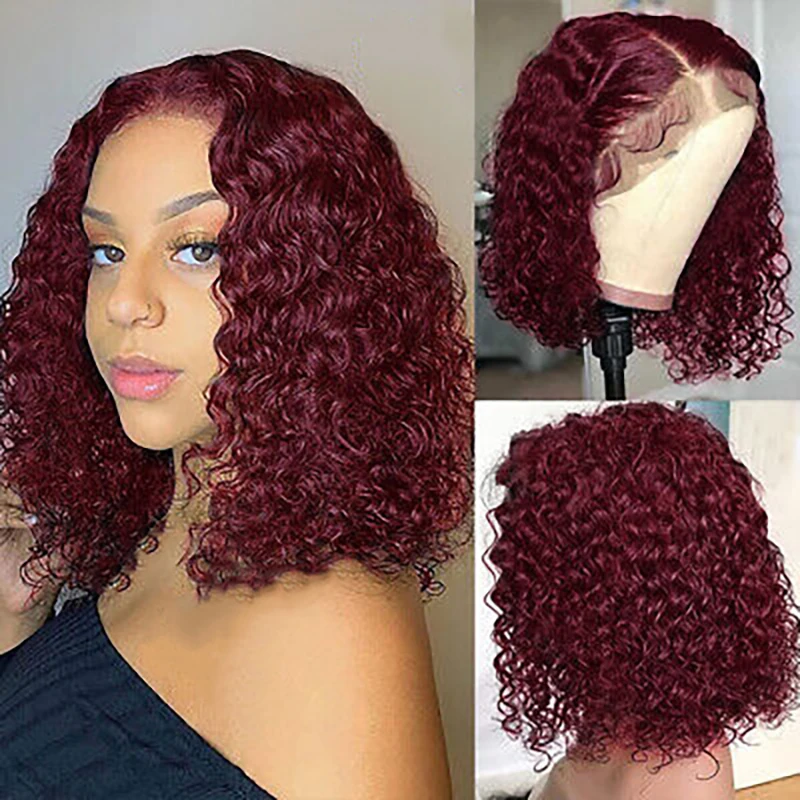 

99J Burgundy Color Bob Wigs Short Curly Wig Human Hair Wig for Women 150% Density Win Red Colored Short Lace Wigs 12Inch 99J