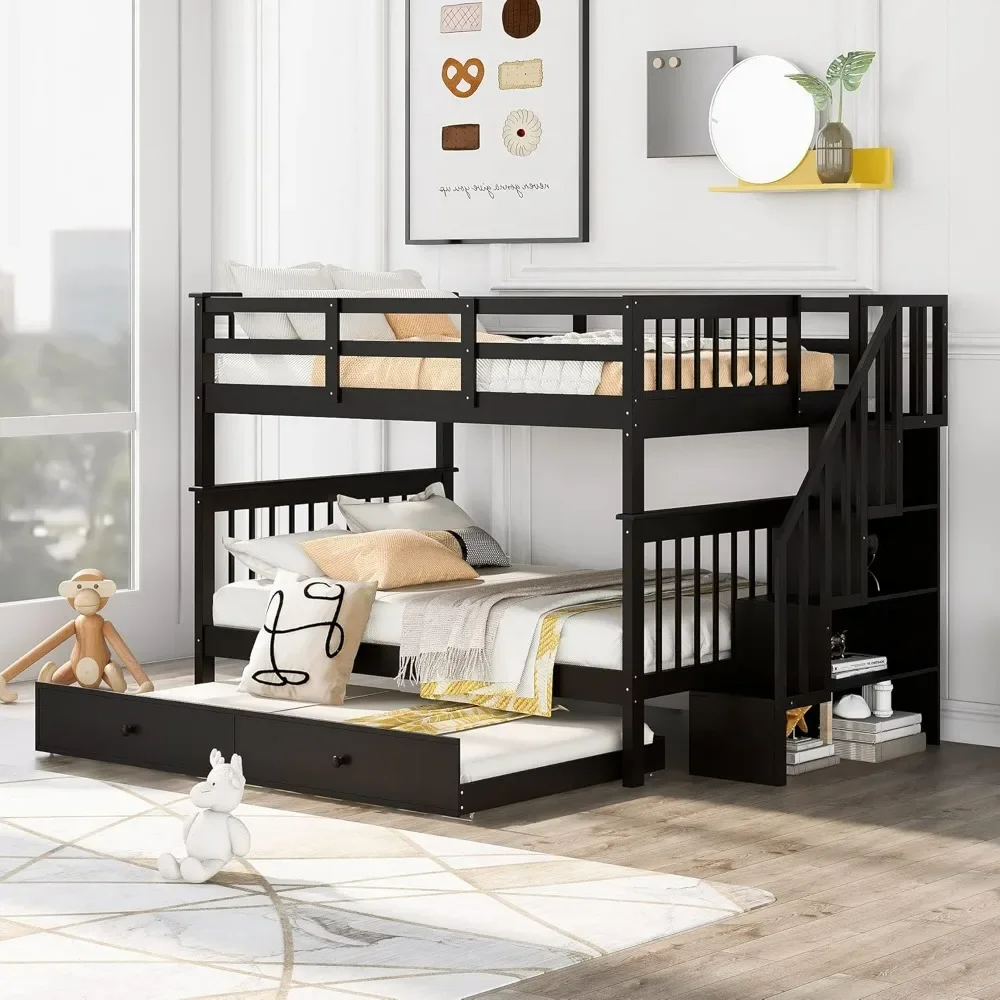 Full Over Full Bunk Bed with Trundle & Stairs, Wooden Full Size Bunk Bed Frame with Storage,for Kids Teens Adults