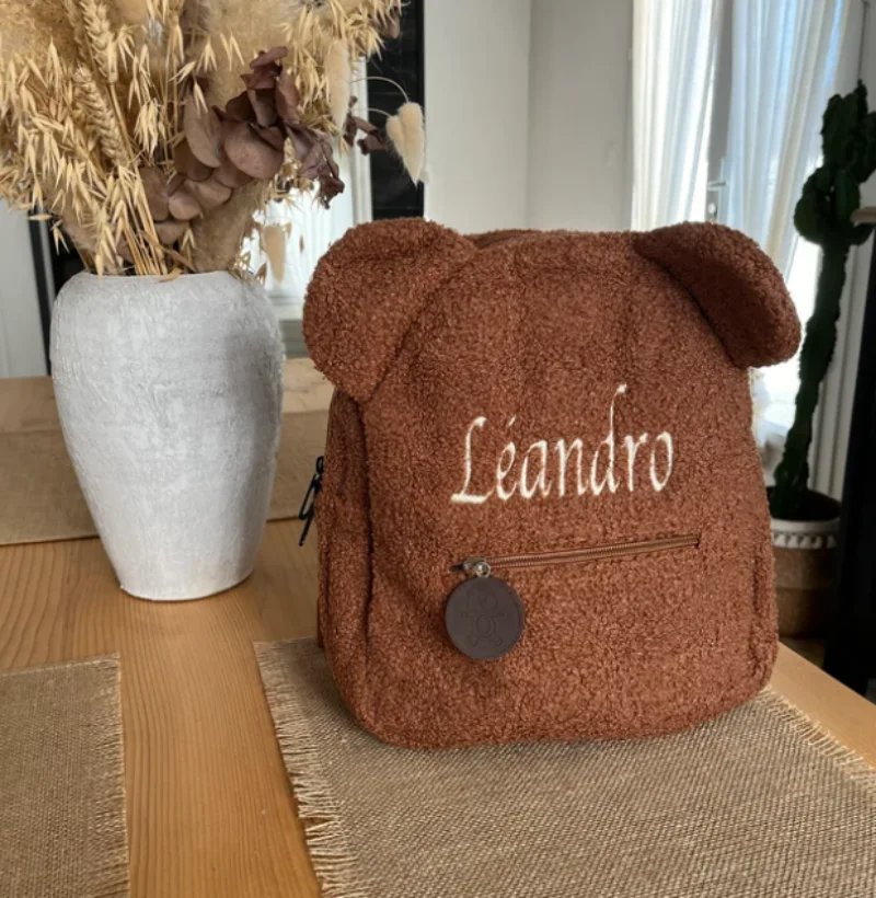 Personalised Teddy Bear Kids Fleece Embroidered Backpack, Initial or First Name School Bag, Teddy Bear Ear Bag, Initial Name Bag