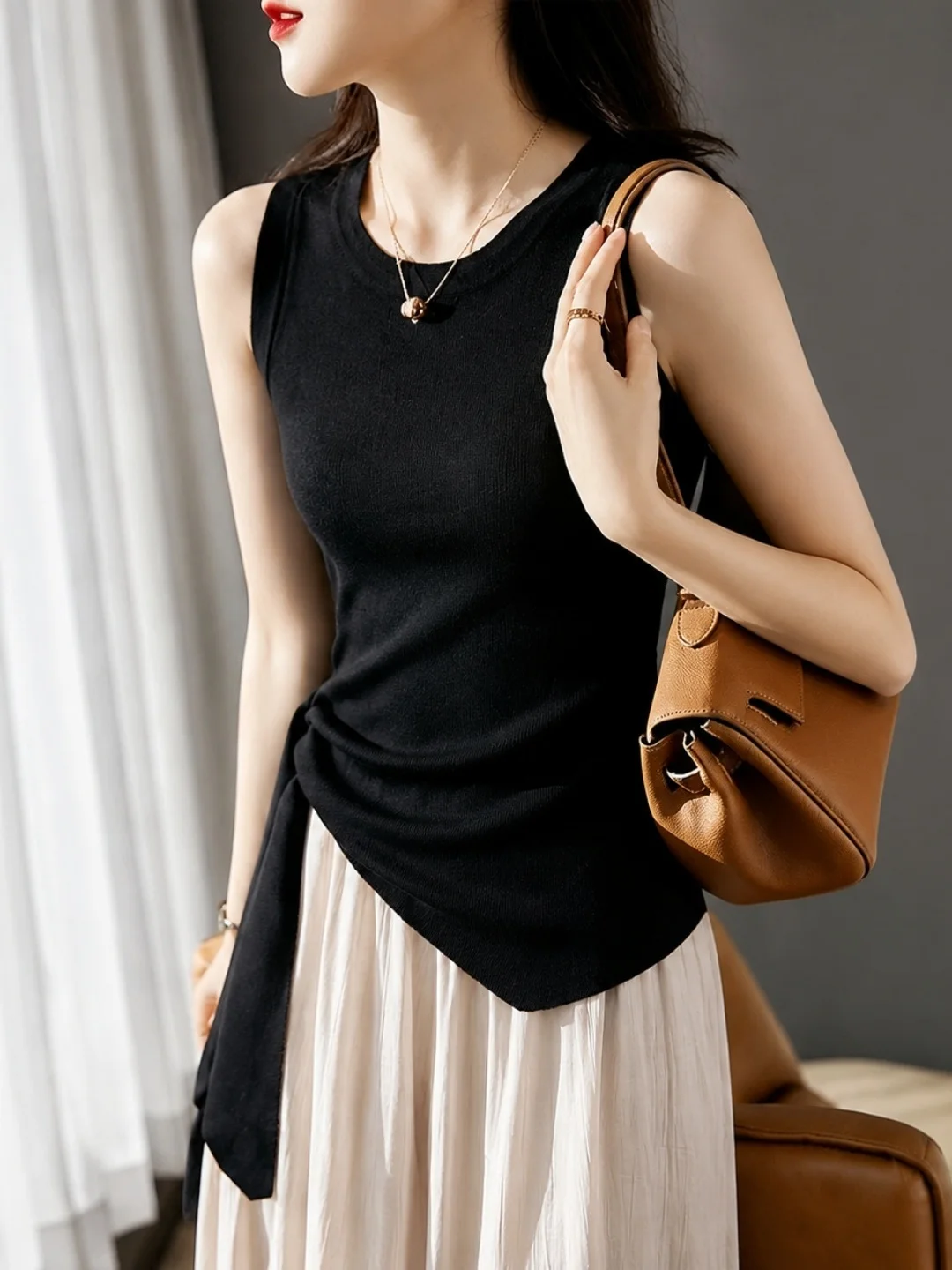 Soft Pure Color Knitted Vest Women's Slim Fit Design Sense Belted Top Korean Style Comfortable Skin-friendly Fashionable