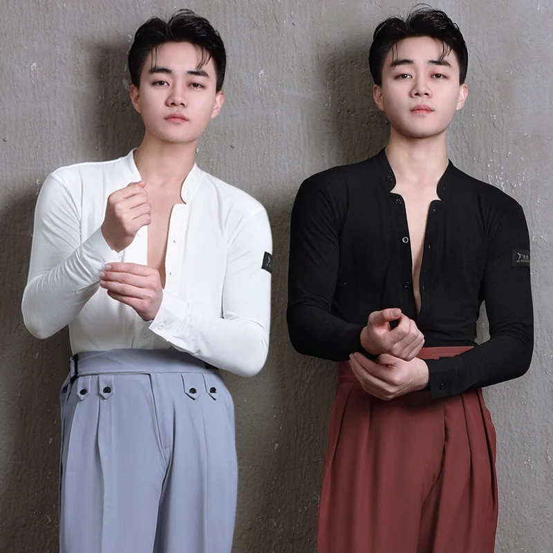 

Man Latin Dance Shirt Black Long Sleeve Top Ballroom Performance Outfit White Short Sleeve Shirts Male Training Dancewear 3620