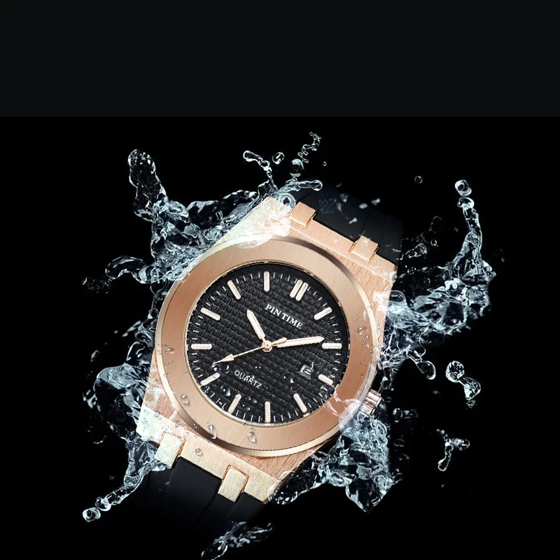 Reloj de pulsera de cuarzo de acero inoxidable rosa para hombre, relojes casuales impermeables, correa de goma, mano luminosa, fecha automática, moda