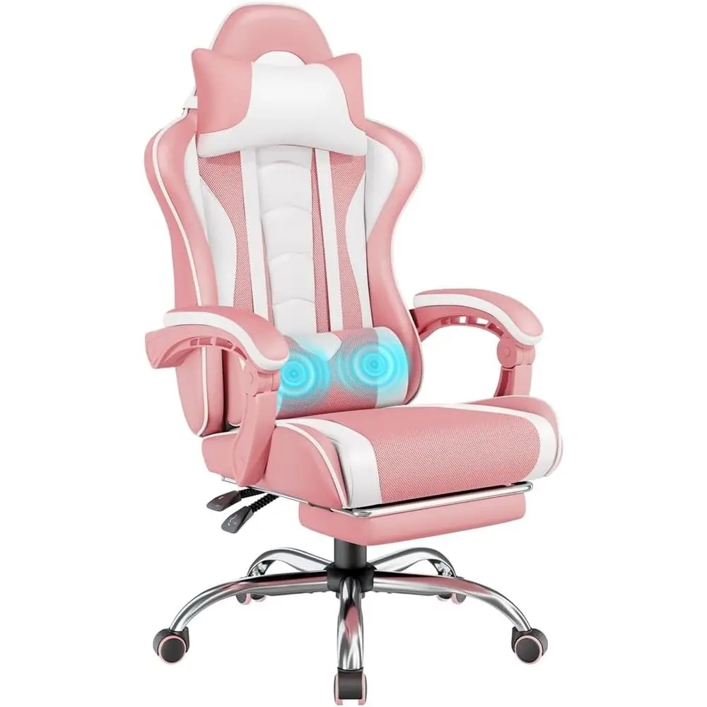 Ergonomic Gaming Chair with Massage Lumbar Support,Footrest,Headrest,Adjustable Height and Swivel Seat for Game Room, Pink White