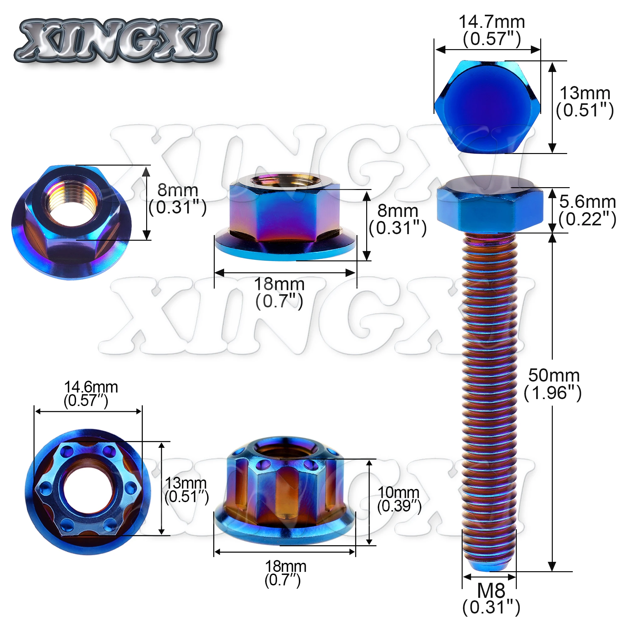 Xingxi Titanium bolts M8x50mm Chain Adjuster Pitch 1.25mm Hexagonal Screws Flange Fancy Nut for Motorcycle