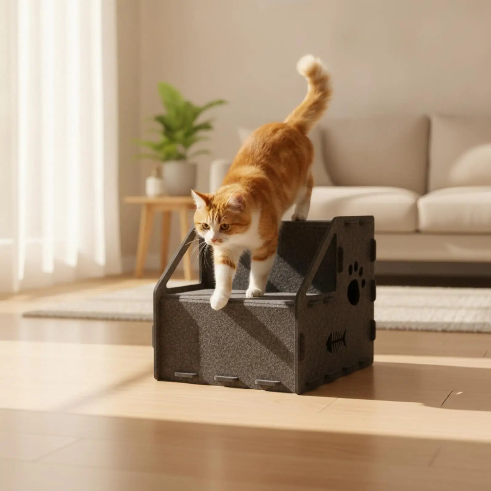 Felt Pet Staircase Resistant Felt Pet Steps with Side Rails Cat Stairway with Decorative Cutouts for Cats, Elevated Furniture