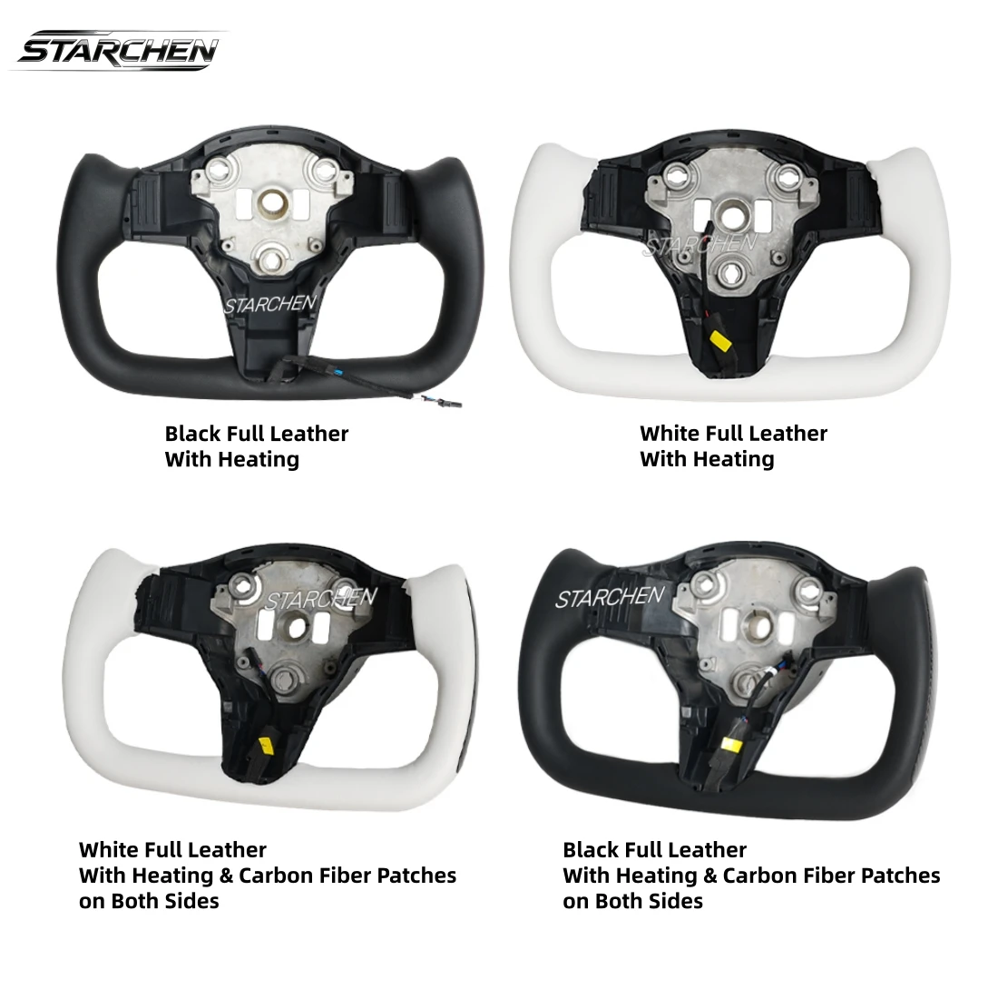 White or Black Full Microfiber Leather Heated Yoke Steering Wheel for Tesla Model 3 2017-2023/ USA 2019–2024 Model Y with Carbon Fiber Sides