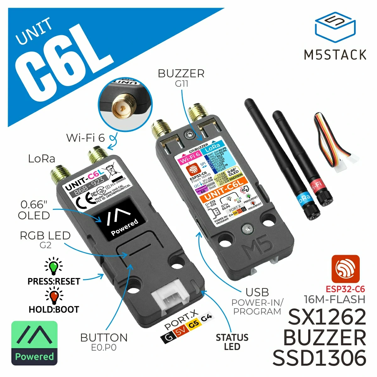 M5Stack Unit C6L ESP32-C6 SX1262 LoRa Communication Unit 868 to 923MHz Support 2.4 GHz Wi-Fi 6 OLED 0.66inch Smart agriculture