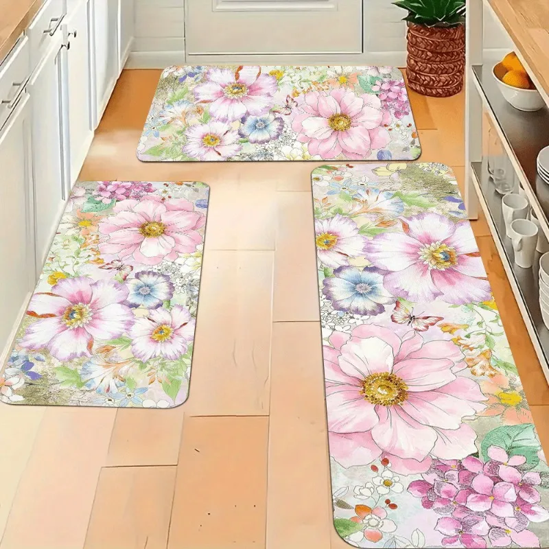 Frühlings-Aquarell-Blumen-Küchenteppich, rosa-lila Blumenmuster, weicher, rutschfester Teppich für Esszimmer, Heimdekoration, Bodenmatte