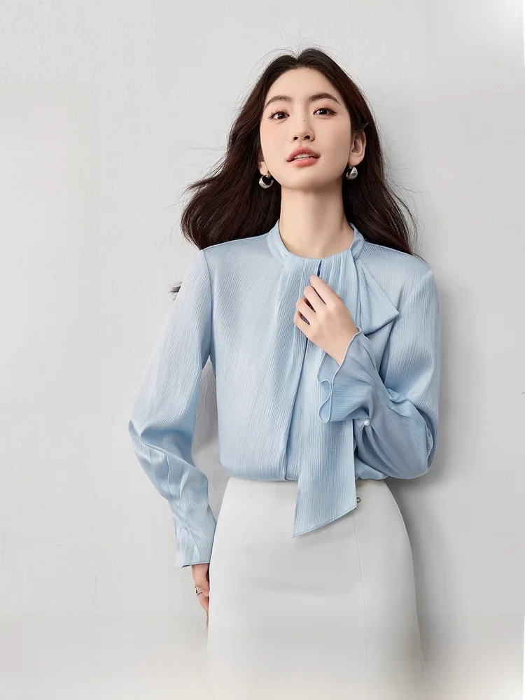 

Женская шифоновая блузка Ele с длинными рукавами-колокол, текстурированный топ из полиэфирного волокна прямого кроя для весеннего офисного гардероба