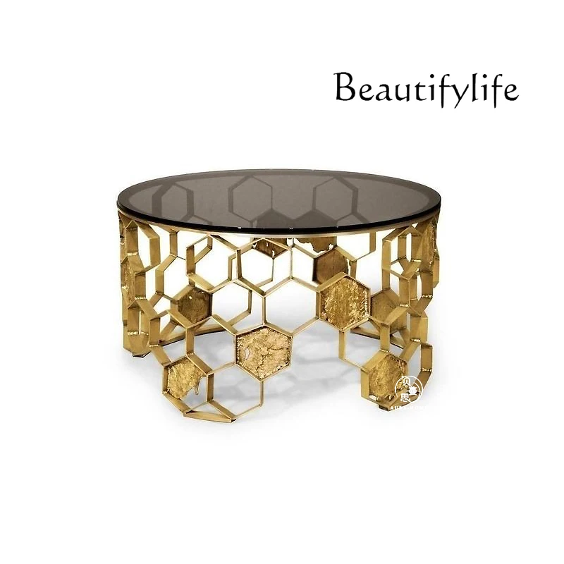 Italian light luxury glass coffee table designer living room home high-end round stainless steel tea table