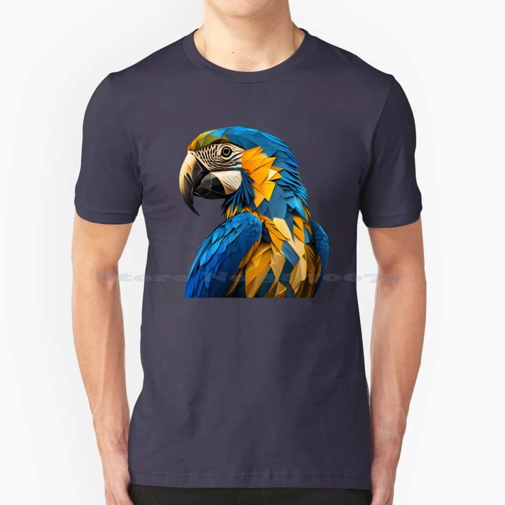 Vibrant Blue And Gold Macaw : A Geometric Artwork T Shirt 100% Cotton Tee Blue And Gold Macaw Geometric Parrot Modern Bird