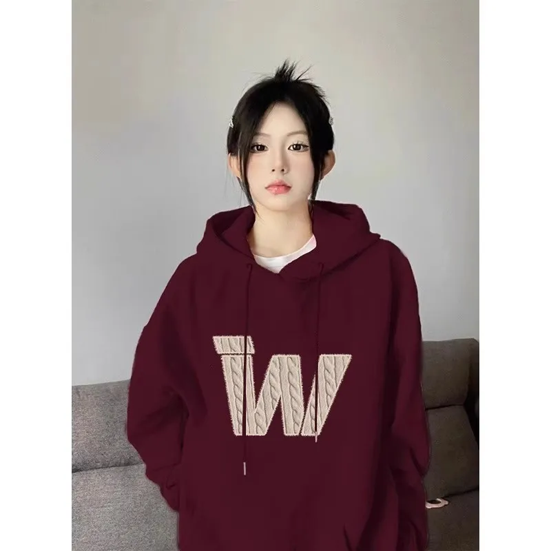 Burgundy Hooded Sweatshirt for Women Spring & Fall Thin Long-Sleeved Oversize American Retro Loose Lazy Style Jacket Trendy