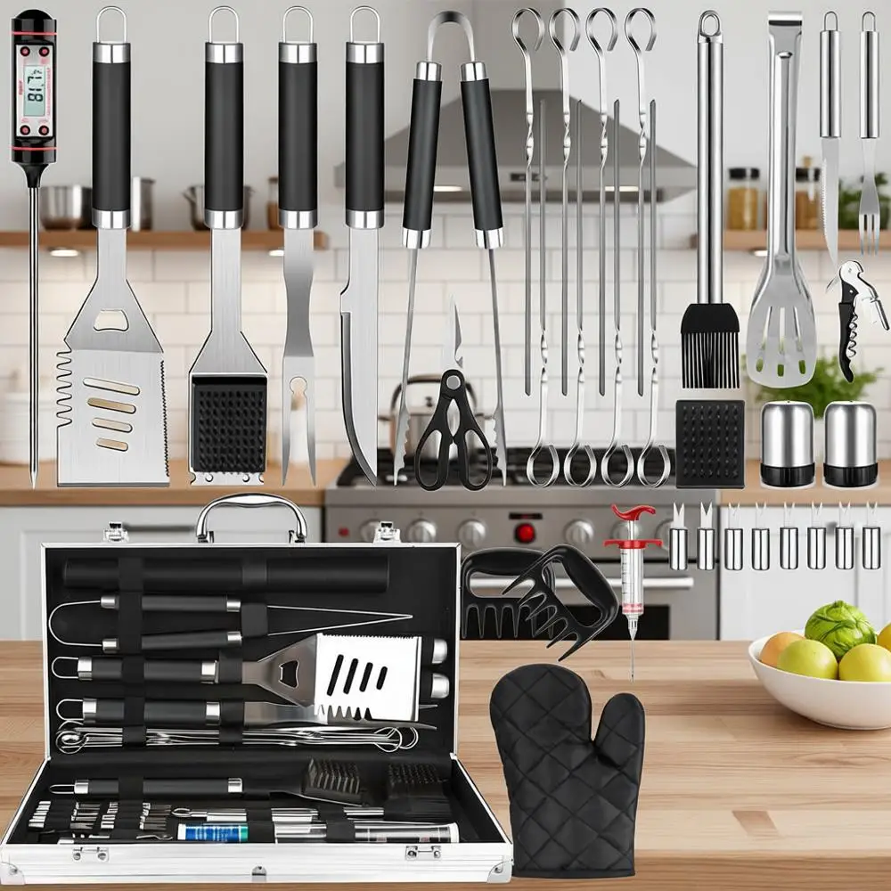 

38-Piece Stainless Steel BBQ Grill Accessories Set with Case, Thermometer, and Mats for Camping or Backyard Barbecue