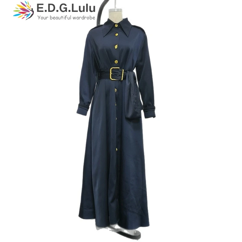 EDGLuLu Retro Colletto rovesciato Monopetto Abiti lunghi Donna 2025 Autunno Nuovo Nuovo abito in raso a maniche lunghe + Cintura 1116