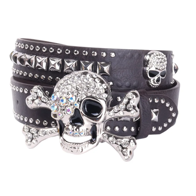 Western Rhinestone Skull Buckle Skull Rivet Design Strap PU Leather Women Belt Fashion Jeans Dress Punk Belt for Ladies