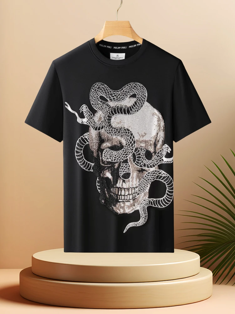 

Summer Trendy Men's T-irt PP High Luxury Snake Skull Head Rhinestone ort Sve Silk Cotton f Sve Top Breathable Yo...
