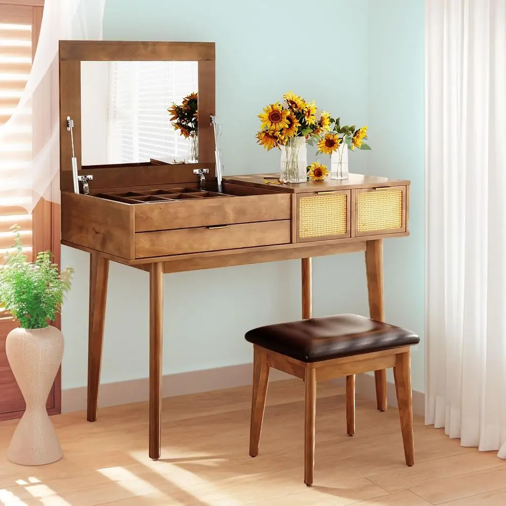 

43 Wooden Makeup Vanity Desk with Top Mirror, 3 Drawers, Storage, and Cushioned Stool - Brown Bedroom Vanity Set