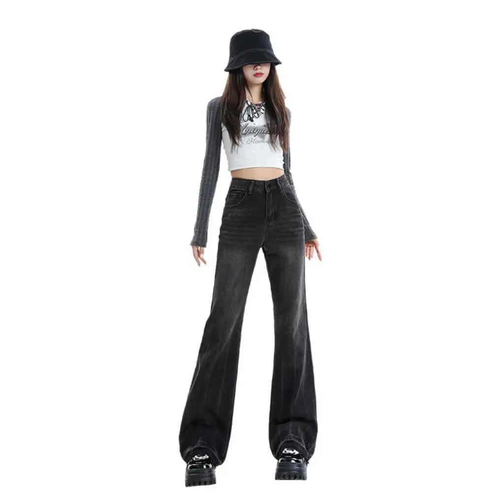 

High Waist Loose Fit Jeans for Women Autumn Winter American Style Non-Elastic Warm Fleece Lined Distinctive Micro-Horn Design