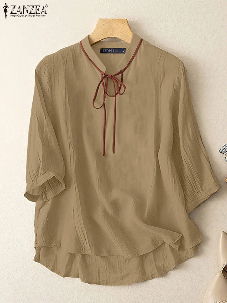 ZANZEA ผู้หญิง Crinkled Texture เสื้อ 2025 ฤดูใบไม้ร่วงแฟชั่น LACE-Up Mandarin COLLAR 3/4 Sleeve Blusas Mujer Elegant Solid Tops