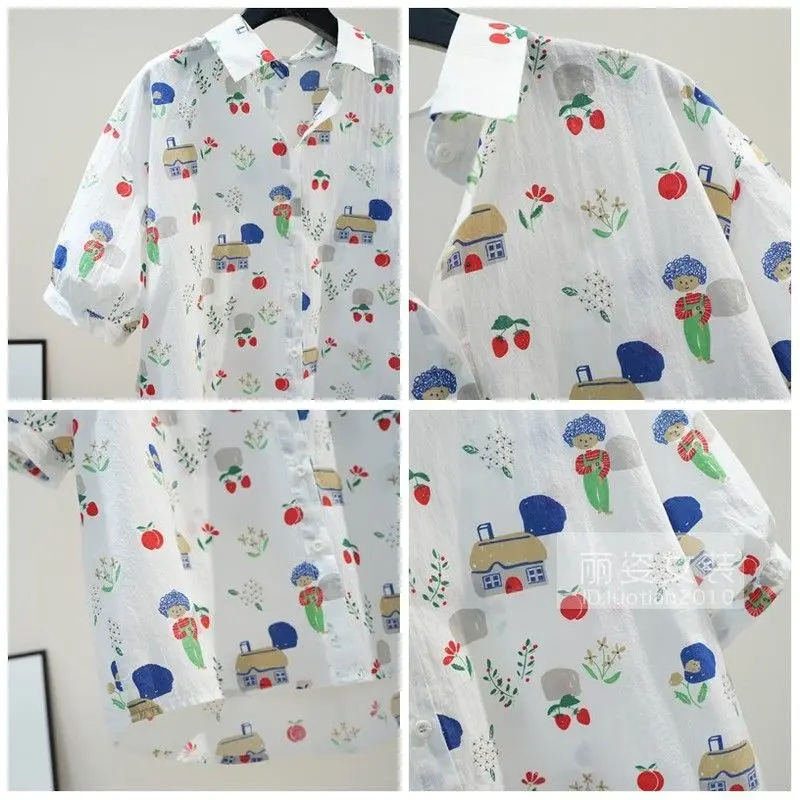 Camisa pequeña con estampado fresco para mujer, camisa informal suelta de manga corta, top y2k popular de celebridades de Internet jóvenes, moda de verano