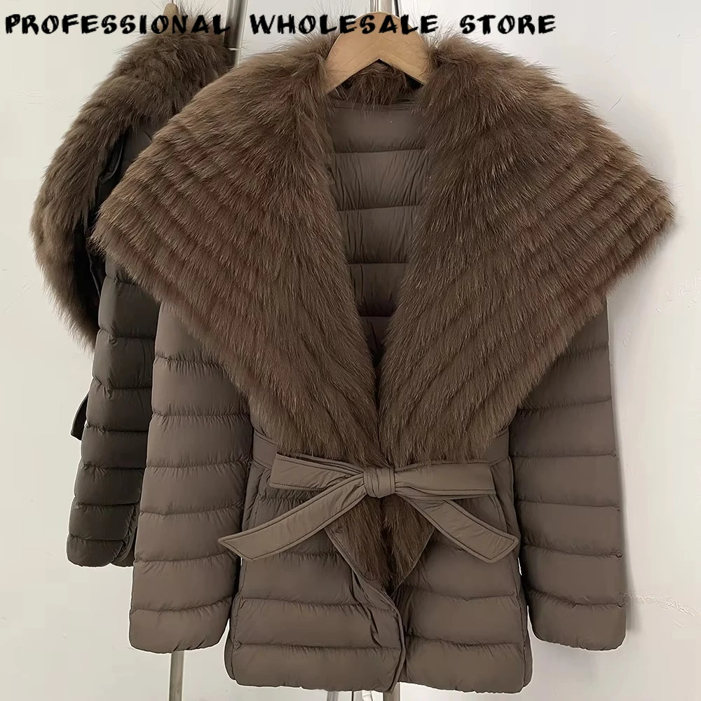 Women's Stylish Goose Down Coat Belted Thick Real Fox Fur Coat Lightweight Women Warm Puffer Jacket Female 2026 Autumn Winter