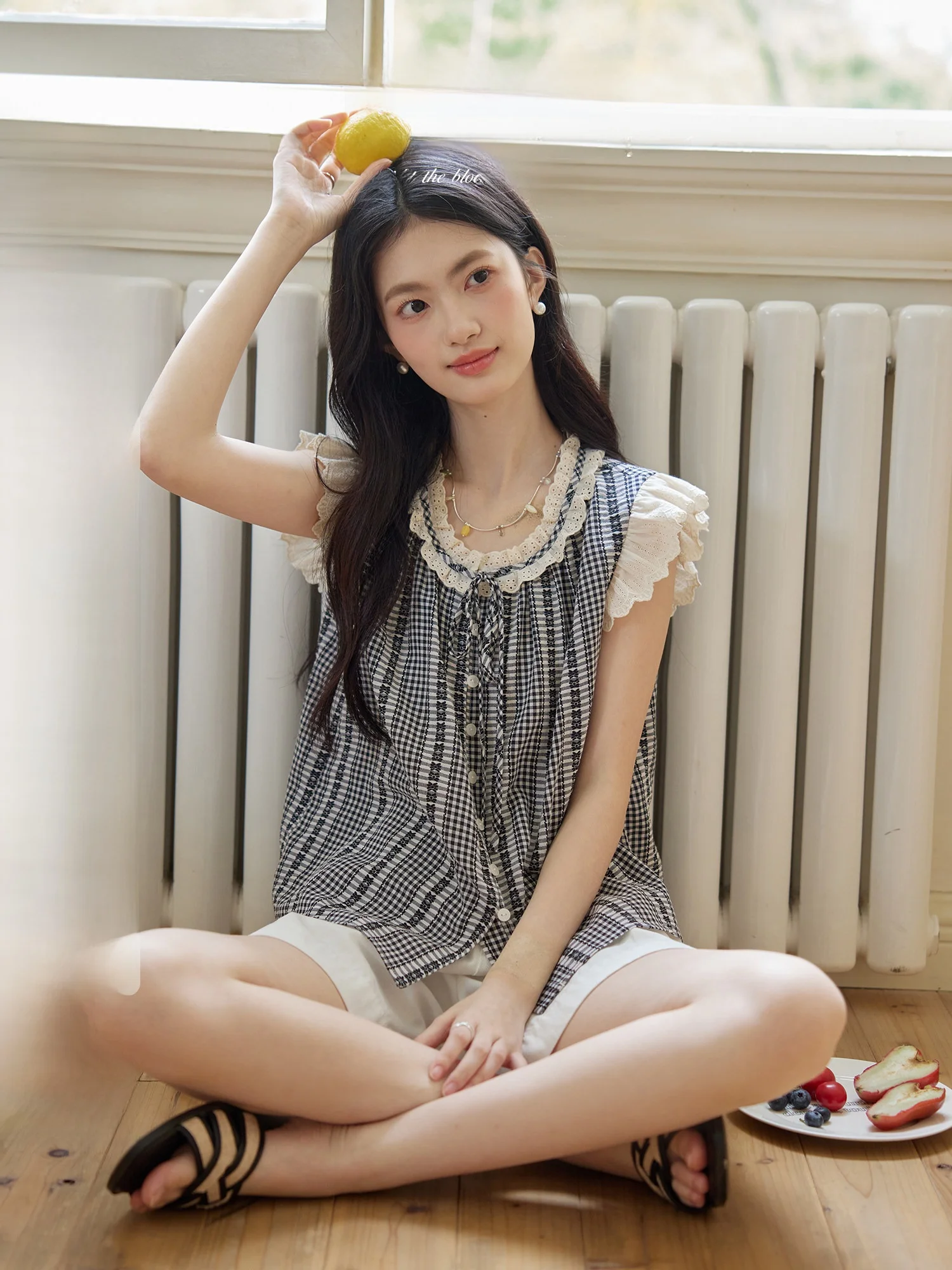 

ORWhite Vintage Doll Shirt Women's Embroidered Color Block Fly Sleeve A-Line Shape Summer Thin Polyester Cotton Blend Shirt