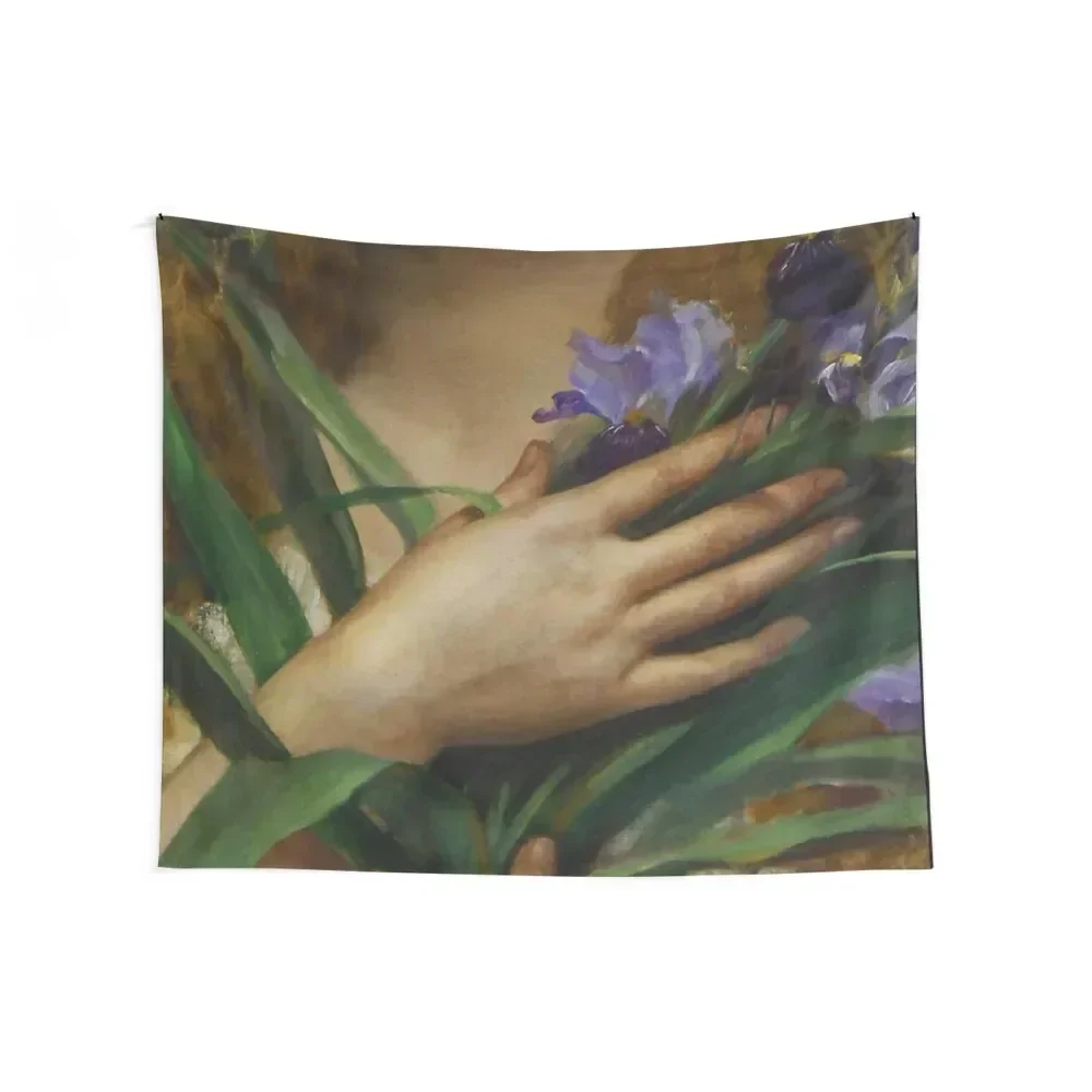 Woman Holding Iris flowers, French Pre-Raphaelite painting Tapestry Bathroom Decor Decoration Home Tapestry