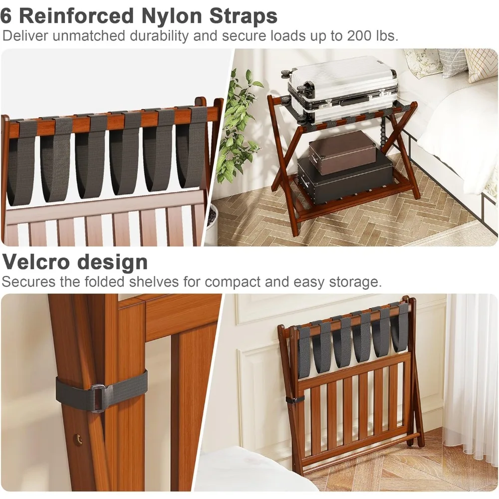 2-Pack Bamboo Luggage Rack with Storage Shelf, Foldable Suitcase Stand for Bedroom and Hotel Use