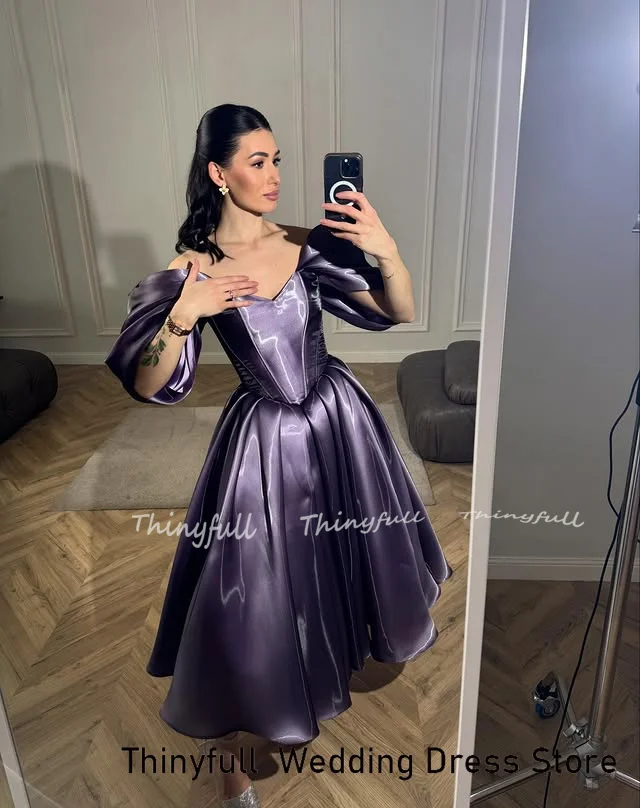 Thinyfull A-line Arab Prom Dresses Off Shoulder Evening Birthday Gown Tea-Length Formal Dress robes de soirée Customized
