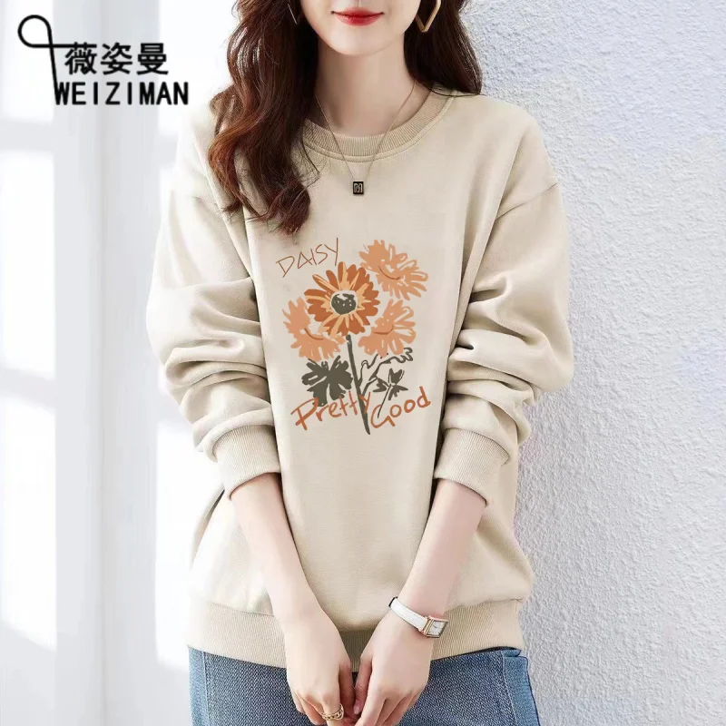 Cotton Round Neck Hoodie for Women New Korean Version with Added Fleece New Loose Long Sleeved Top