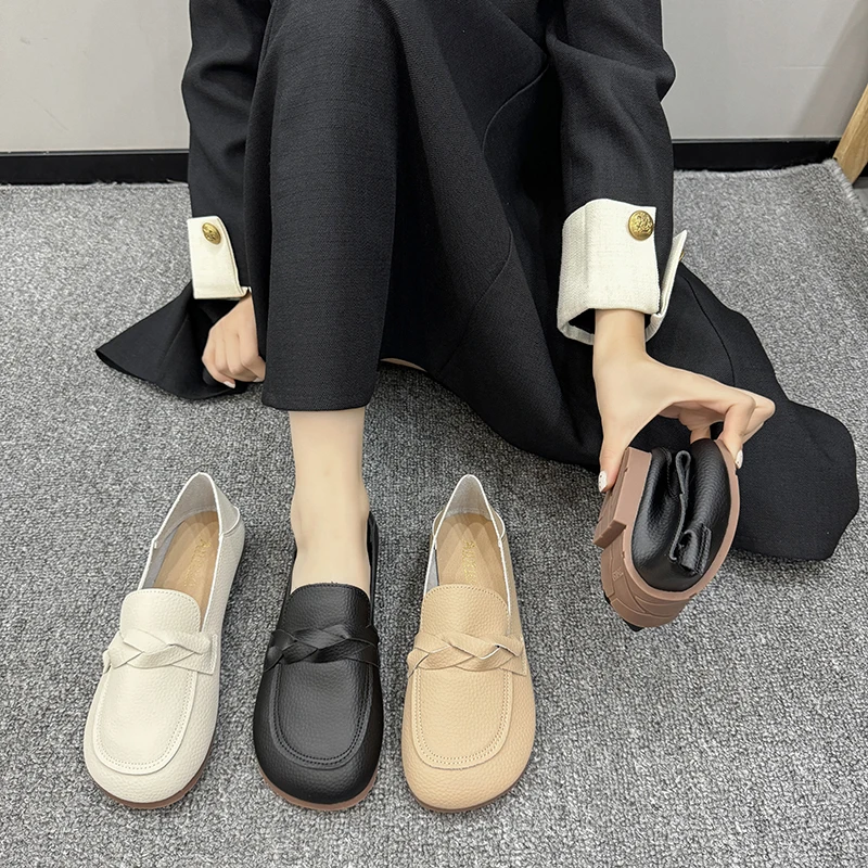 

New Style Luxury Elegant Versatile Slip-On Bean Shoes Soft Bottom Flat Heel Comfortable Lightweight Soft Leather Casual Footwear