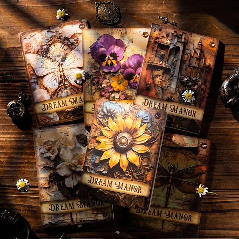 30Pieces Material Paper Dream Manor Notepad Retro Handwriting Simulation Notebooks Decoration Handbook Scrapbook  178*115MM