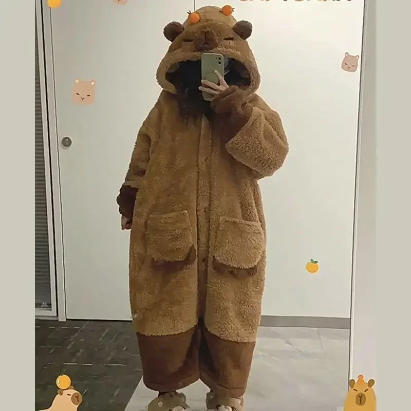 Capybara Cosplay Costume Robes and Pants Adult Kigurumi Anime Nightgown Halloween Carnival Party Cartoon Plush Hooded Pajamas