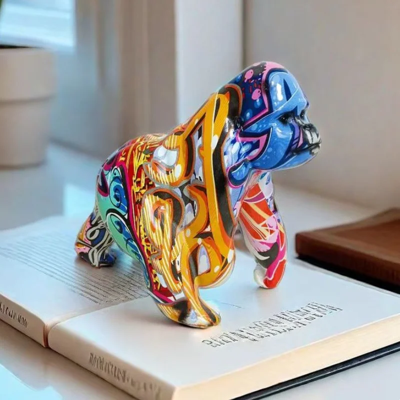 Creative Cartoon Graffiti Gorilla Sculpture, Resin Crafts, Home Decoration, Indoor, Living Room, Office, Animal Sculptures