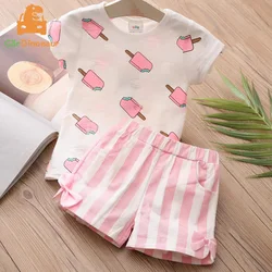 2025 Summer Cotton 2 3 4 6 8 10 Years Children Clothin Ice Cream Print White Pink T-Shirt+Stripe Bow Shorts 2 Pcs Kids Girl Set