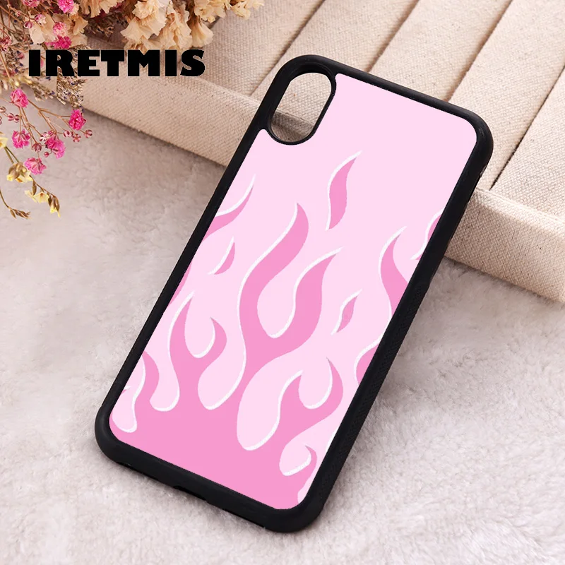 Iretmis Phone Cover Case For iPhone X XS Max XR 11 12 13 PRO MINI 14 15 16 Plus Rubber Silicone TPU Pink Flames