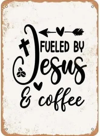 Vintage Metal Tin Sign  Fueled by Jesus and Coffee - 2 Retro Wall Decor for Home, Cafe, Garden Aluminum Men ; Wom
