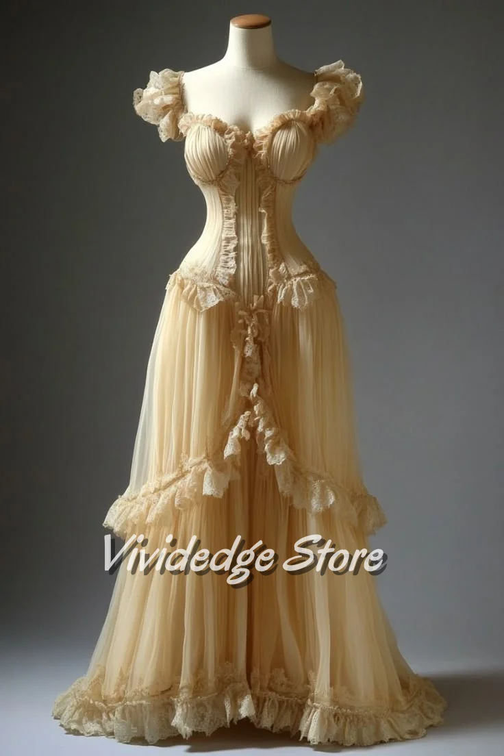 

Customized Gorgeous Snap Shoulder Victorian Courtly Ball Gown Champagne Ruffled V-Neck Waisted Pleated A-Line Luxurious Elegant